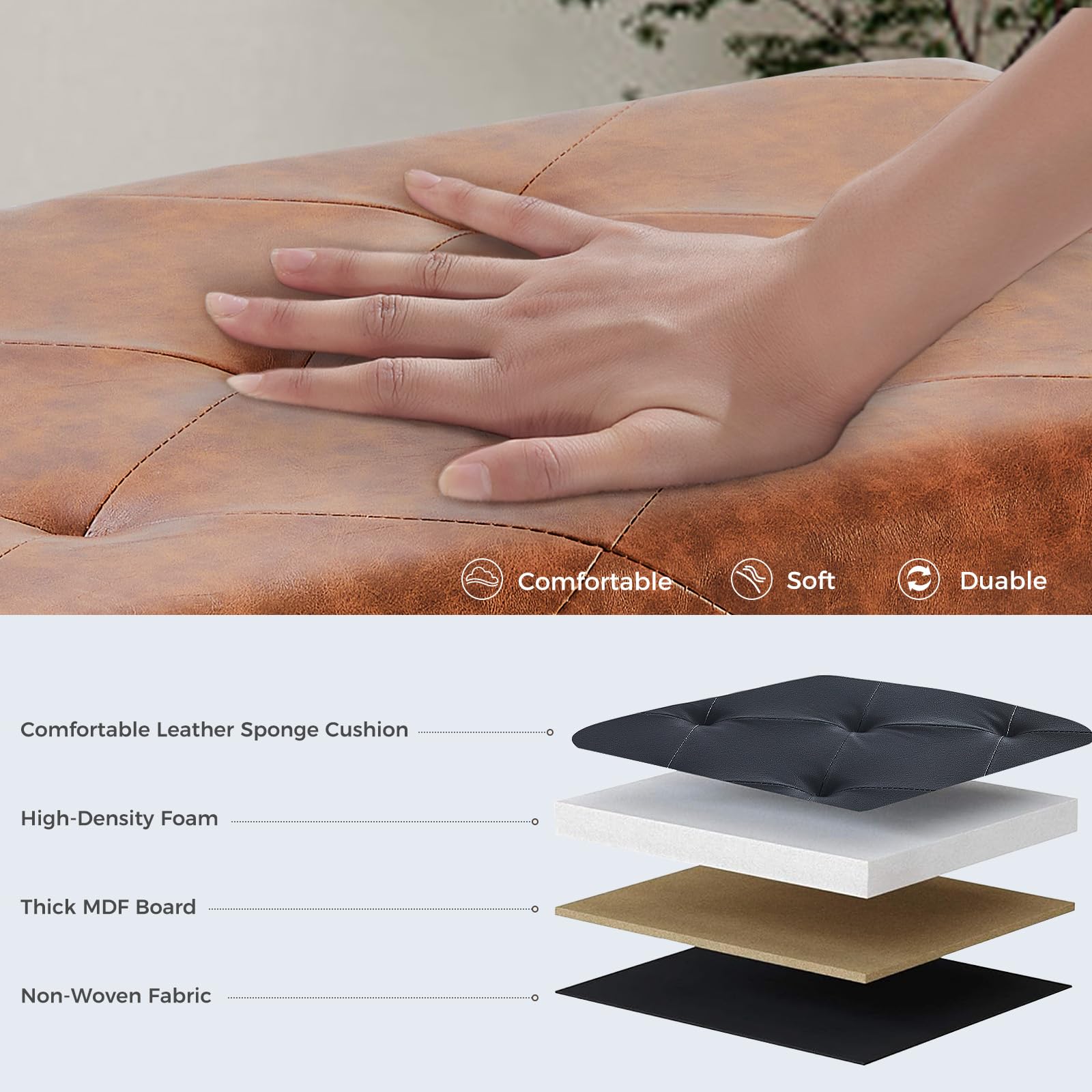 DUMOS brown synthetic leather ottoman complements modern interiors.