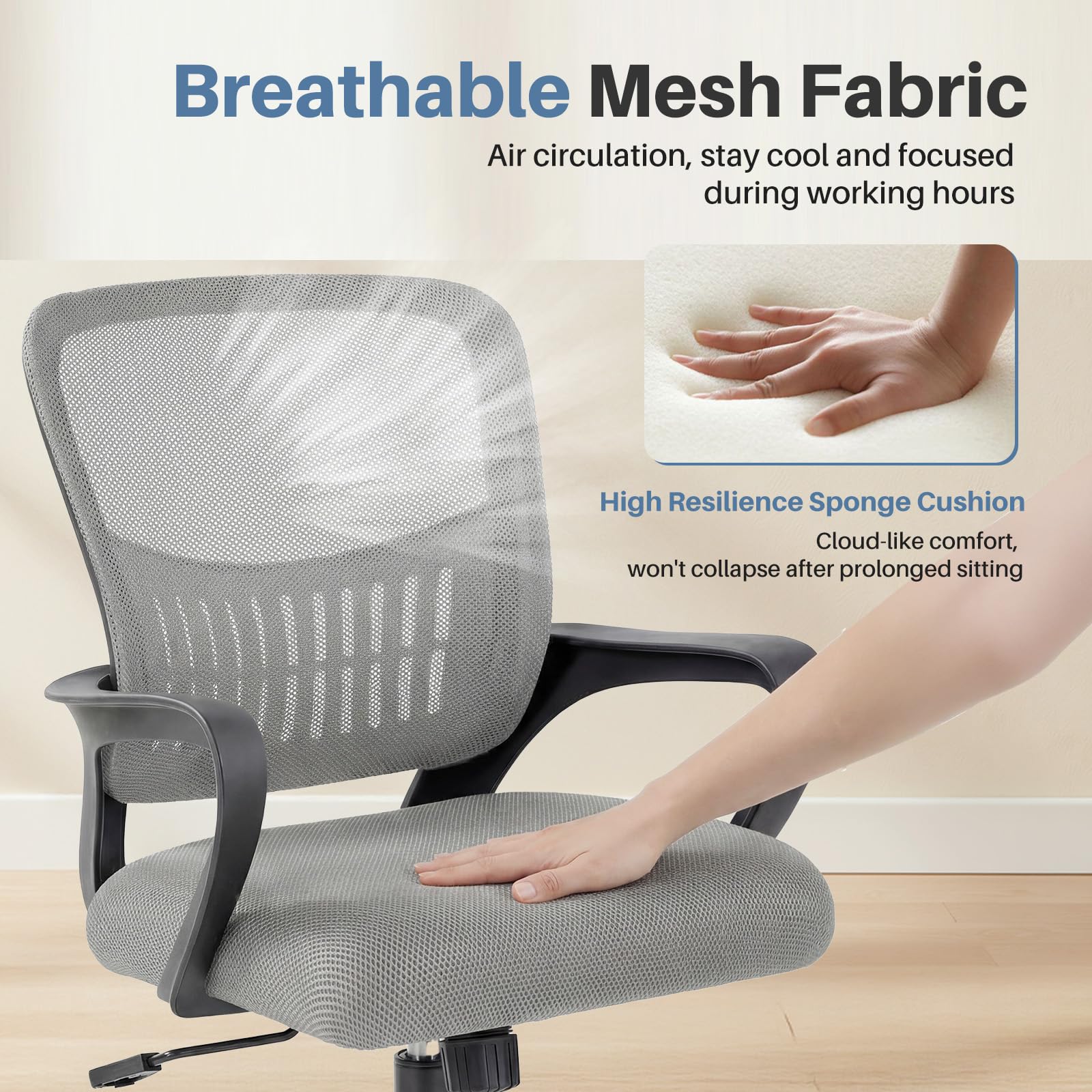 DUMOS chair with 360° swivel base enables seamless movement.