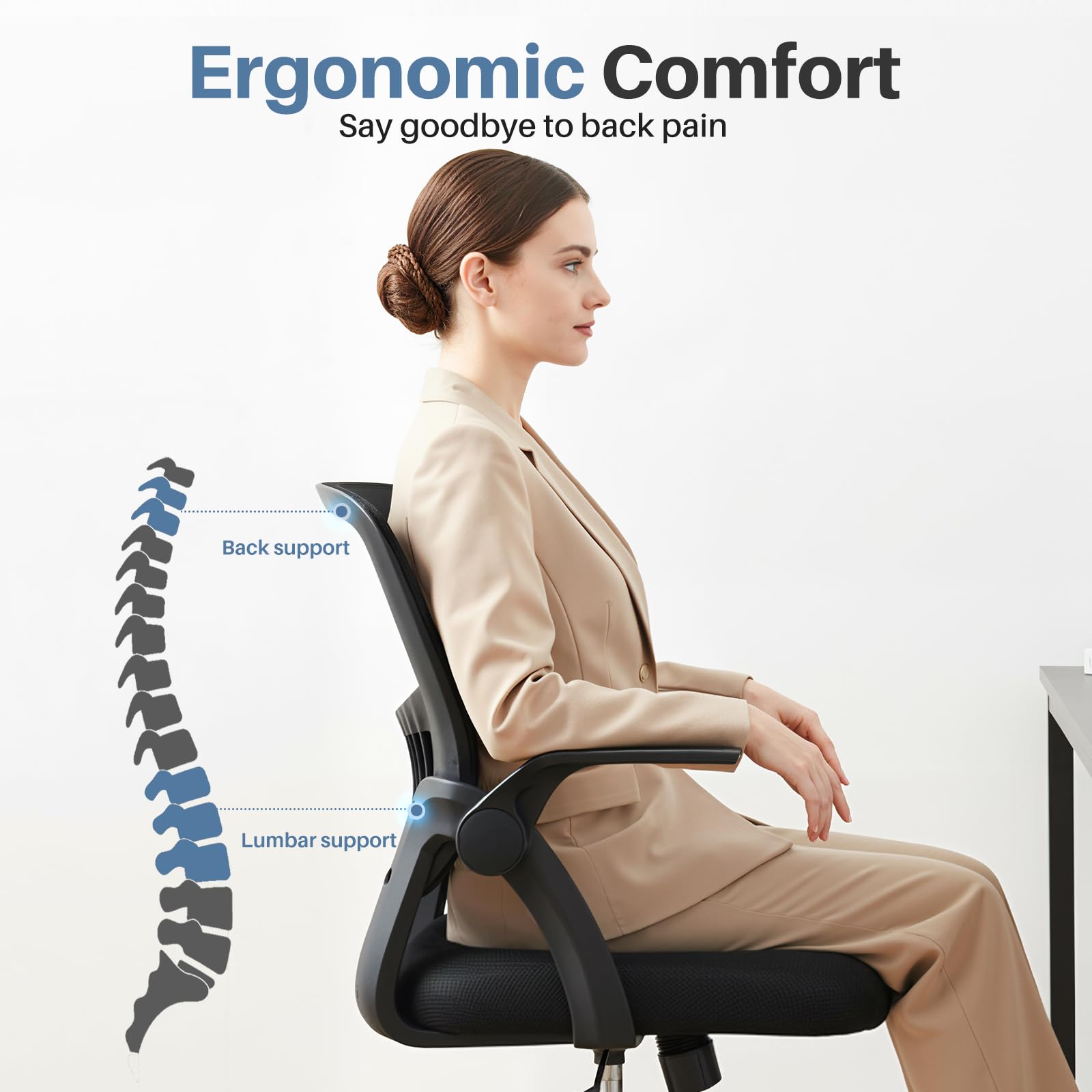 DUMOS chair features breathable mesh back to keep you cool.