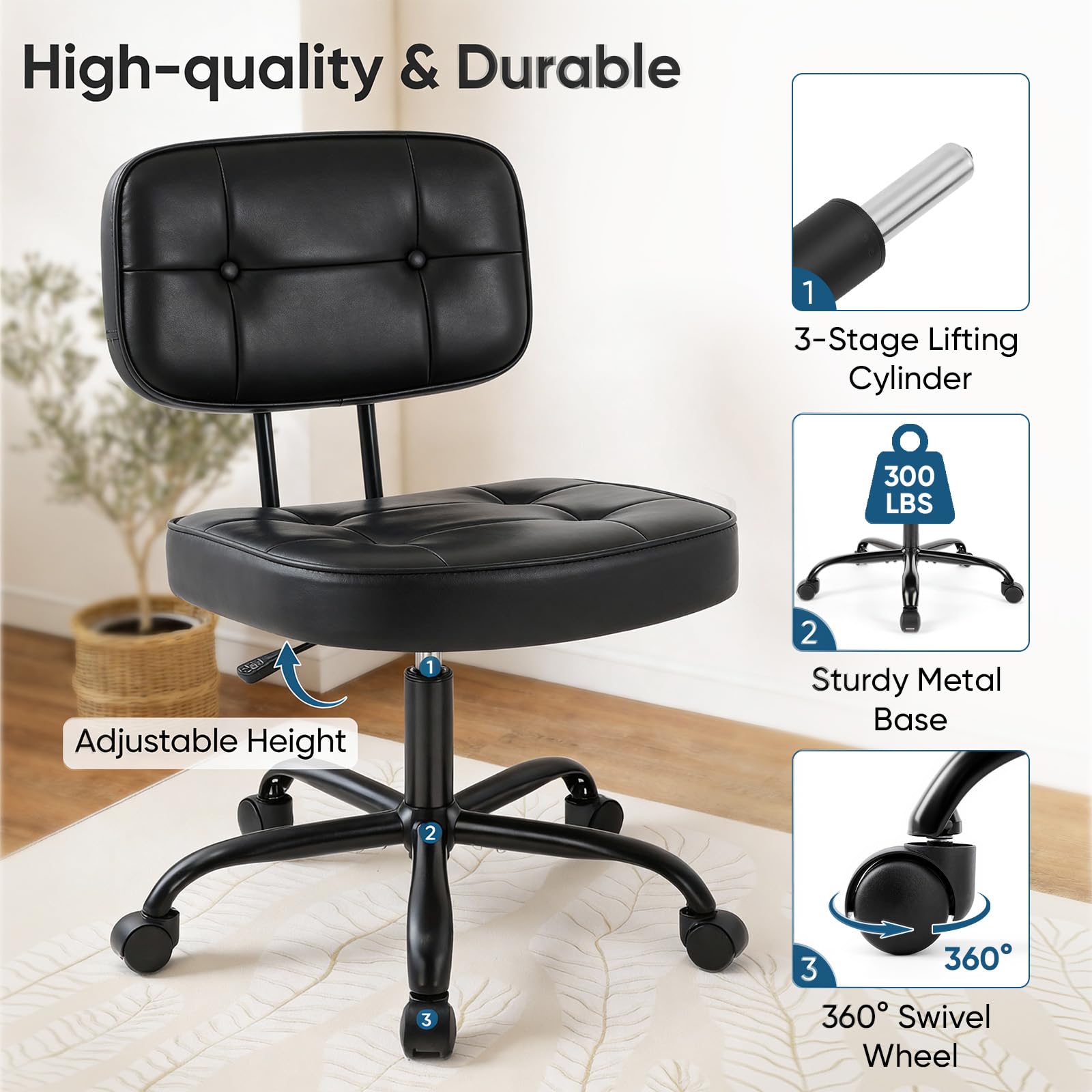 DUMOS height-adjustable design fits desks and vanity tables.