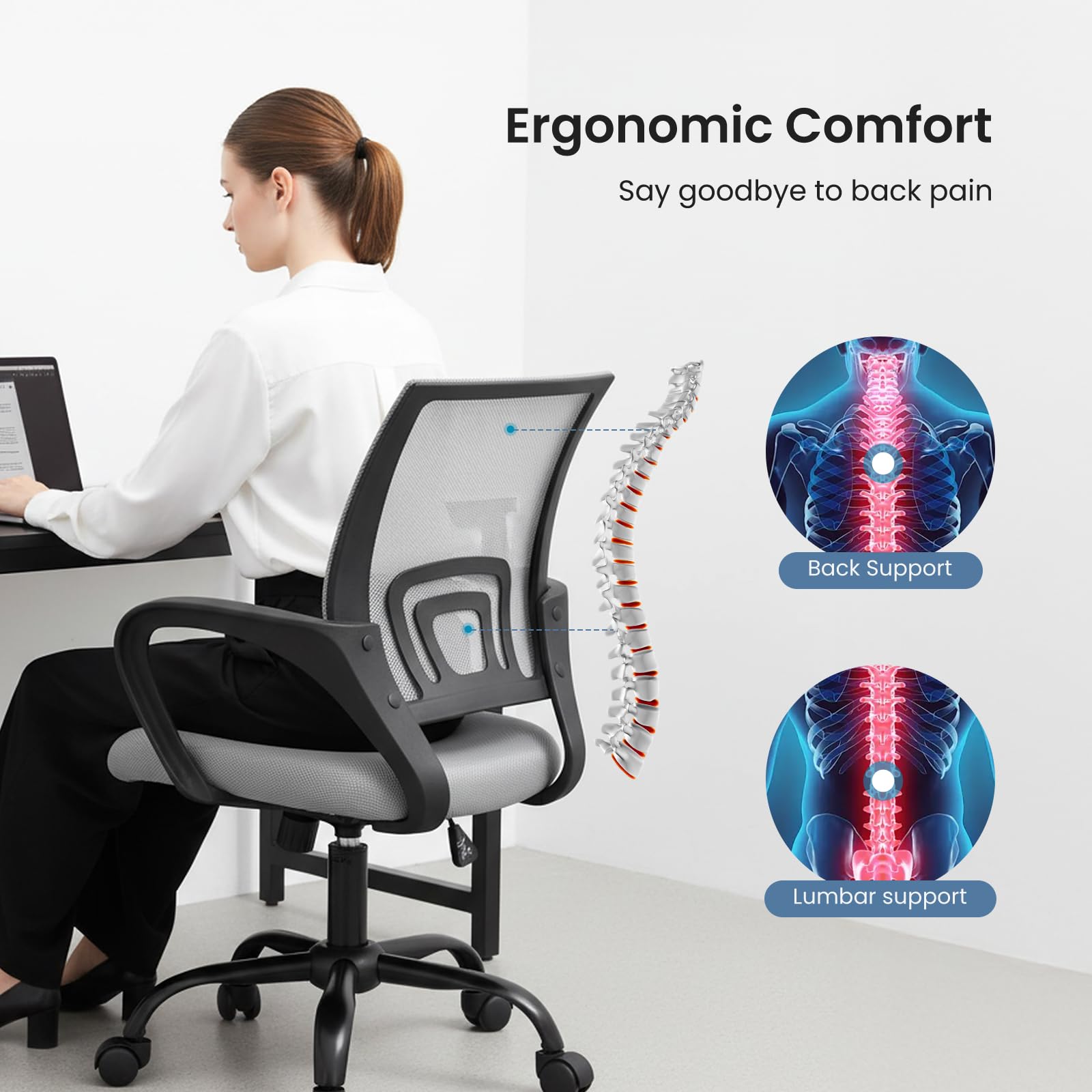 DUMOS lumbar support helps maintain natural spine alignment while seated.