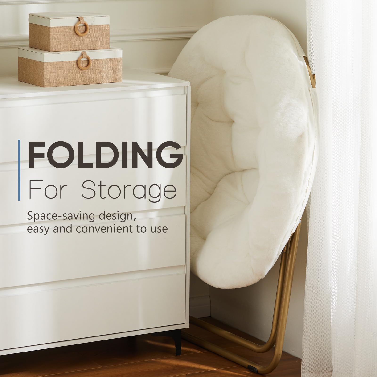 DUMOS Comfy Saucer Chair folded for compact storage in small spaces.