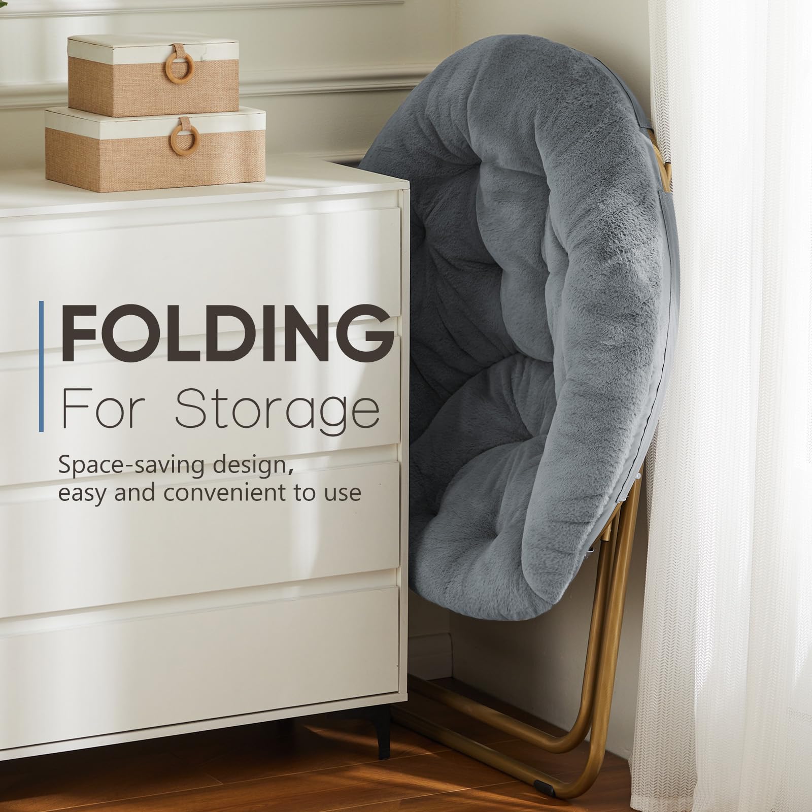DUMOS Comfy Saucer Chair folded storage demonstrates space-saving design for small rooms