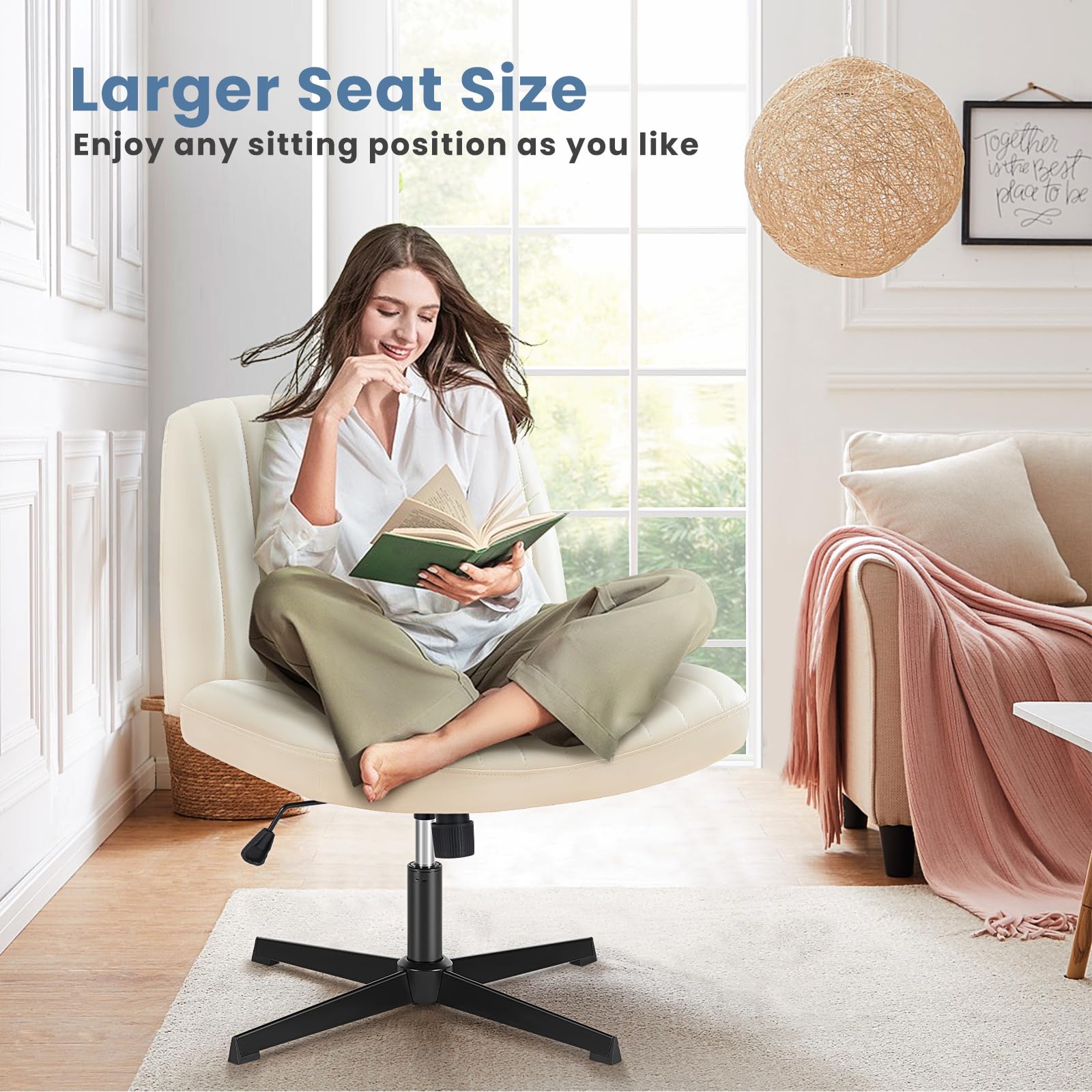 DUMOS chair enables cross-legged lounging at vanity or desk.