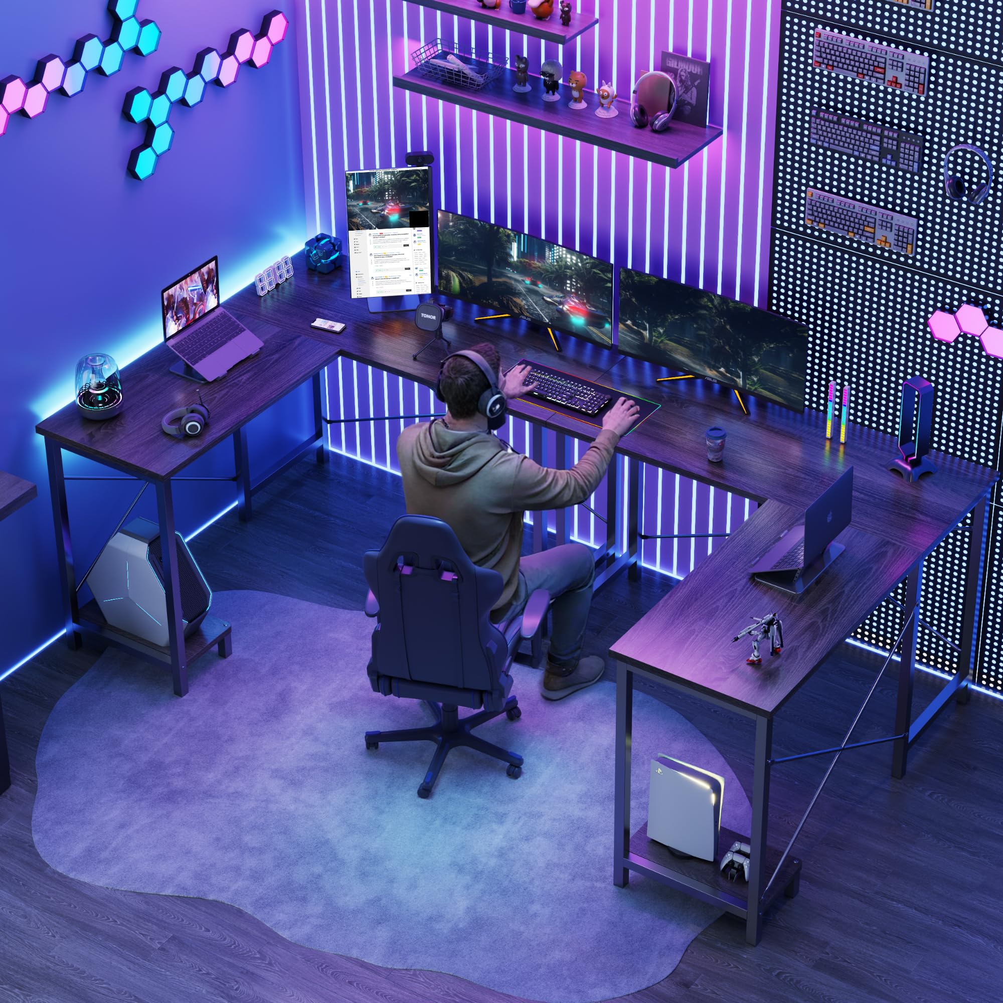 DUMOS desk with CPU shelf mounted on left for tidy wiring.