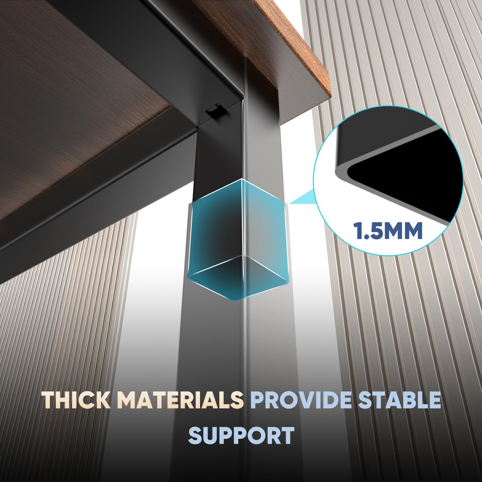 DUMOS desk X brace reinforcement illustrates wobble free stability during long work sessions.