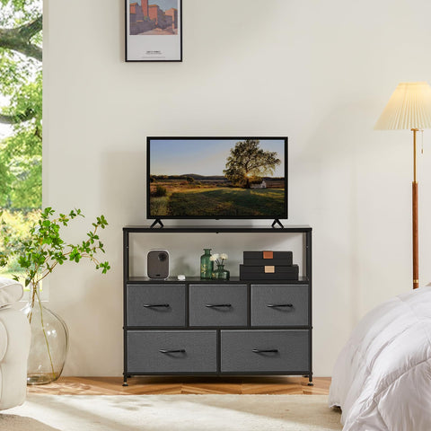 DUMOS gray fabric dresser with five drawers for versatile storage