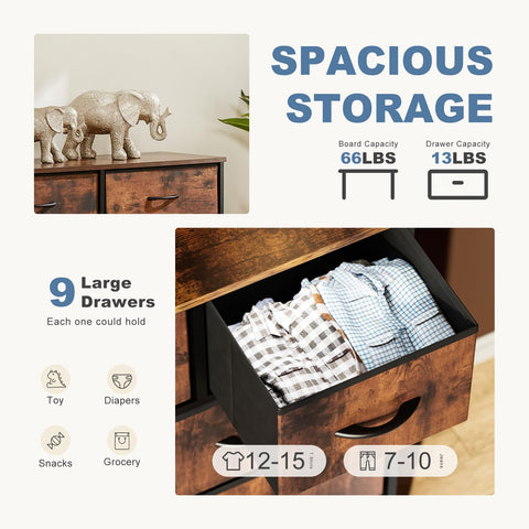 DUMOS dresser 9 drawers close-up highlighting organized storage options.