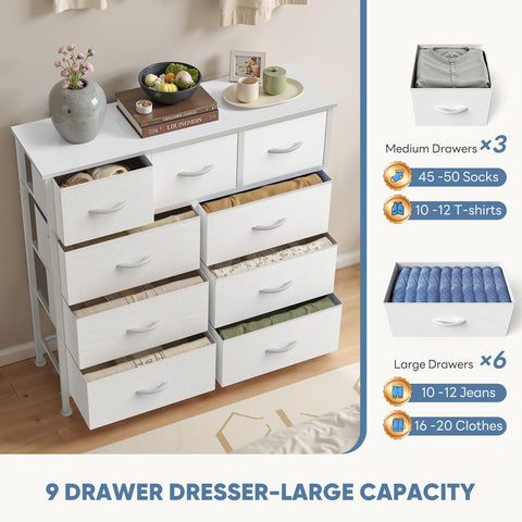 DUMOS dresser 9-drawer unit keeps clothing and accessories organized.