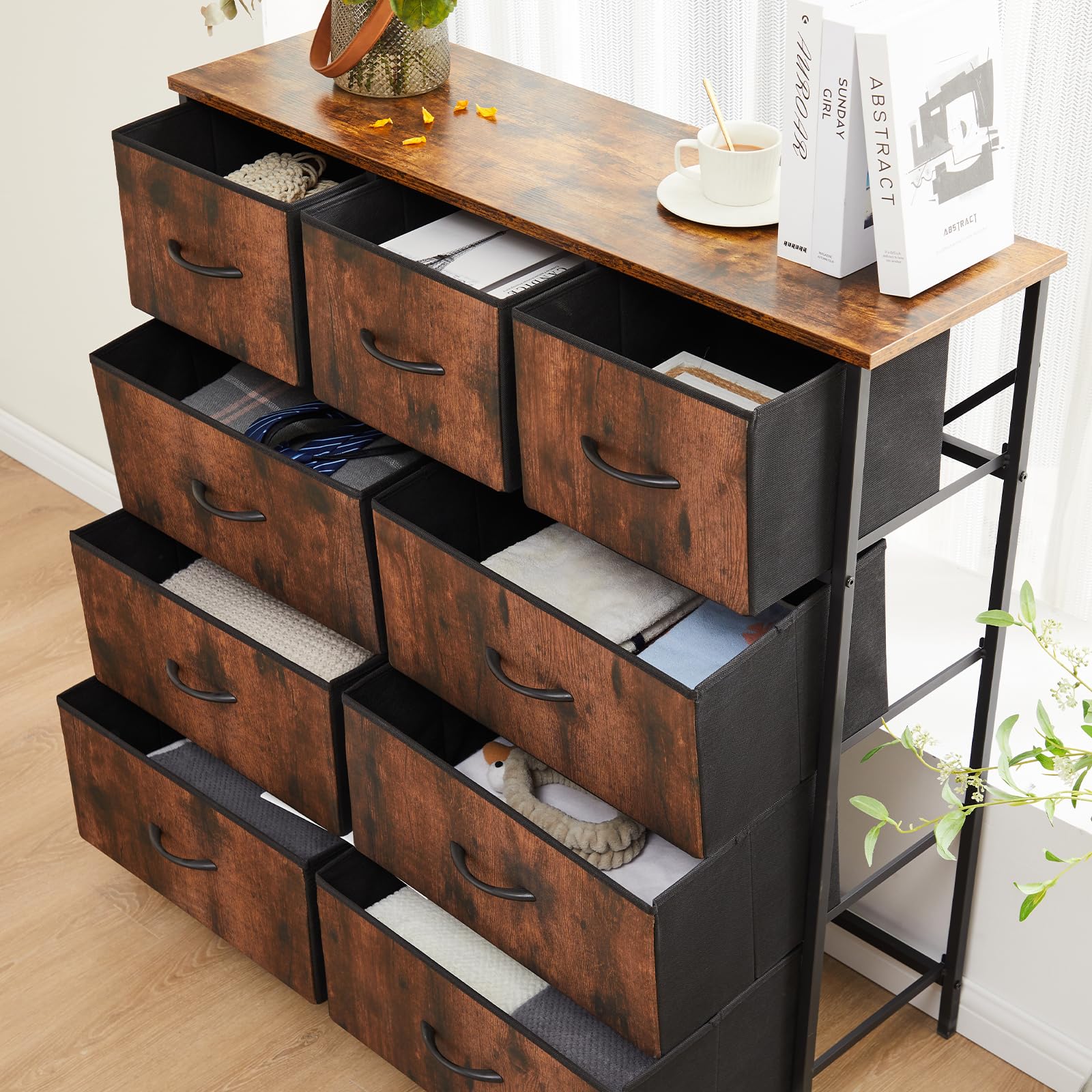 DUMOS dresser brown finish highlights a smooth, easy-to-clean surface.