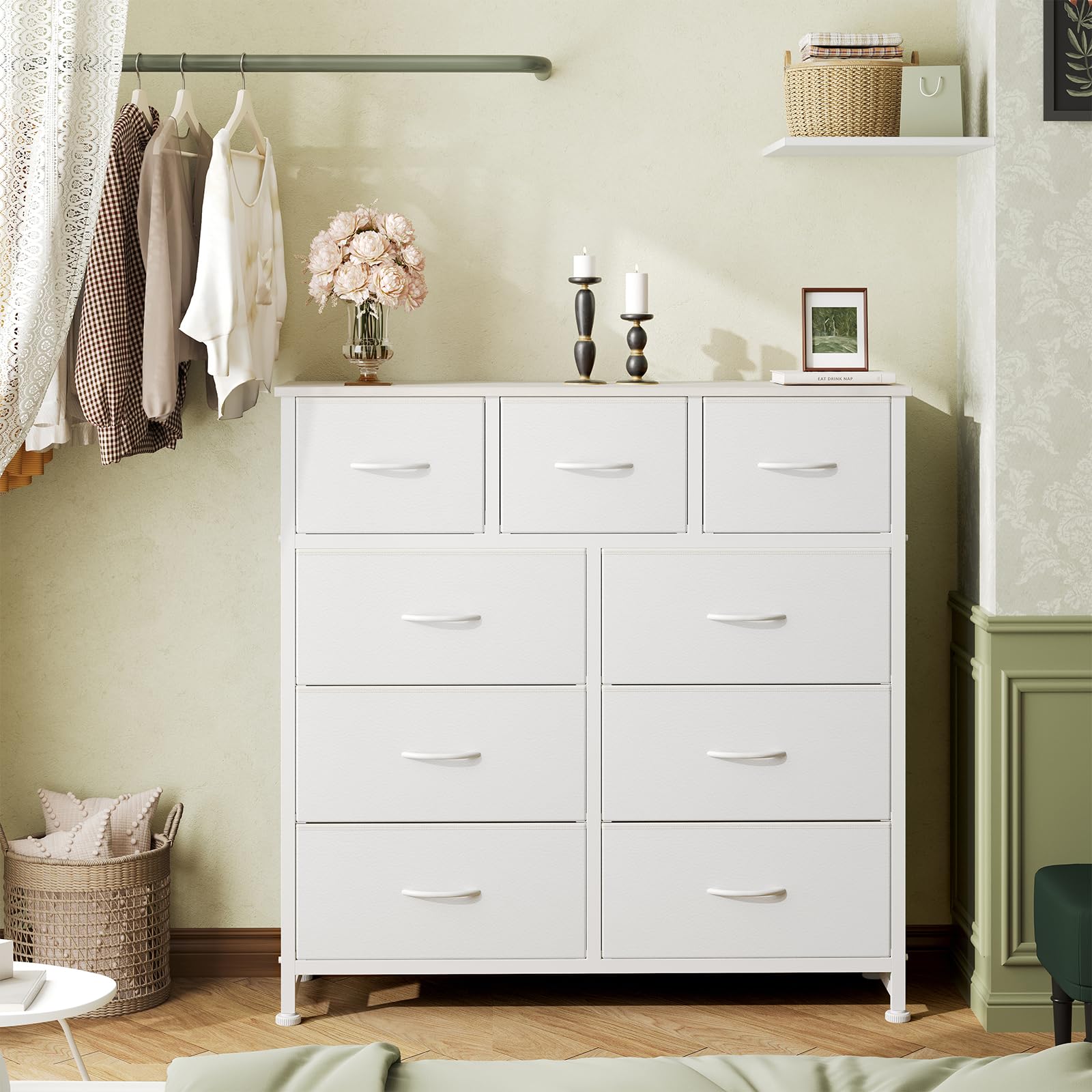 DUMOS dresser fits bedroom or entryway decor with versatile storage.