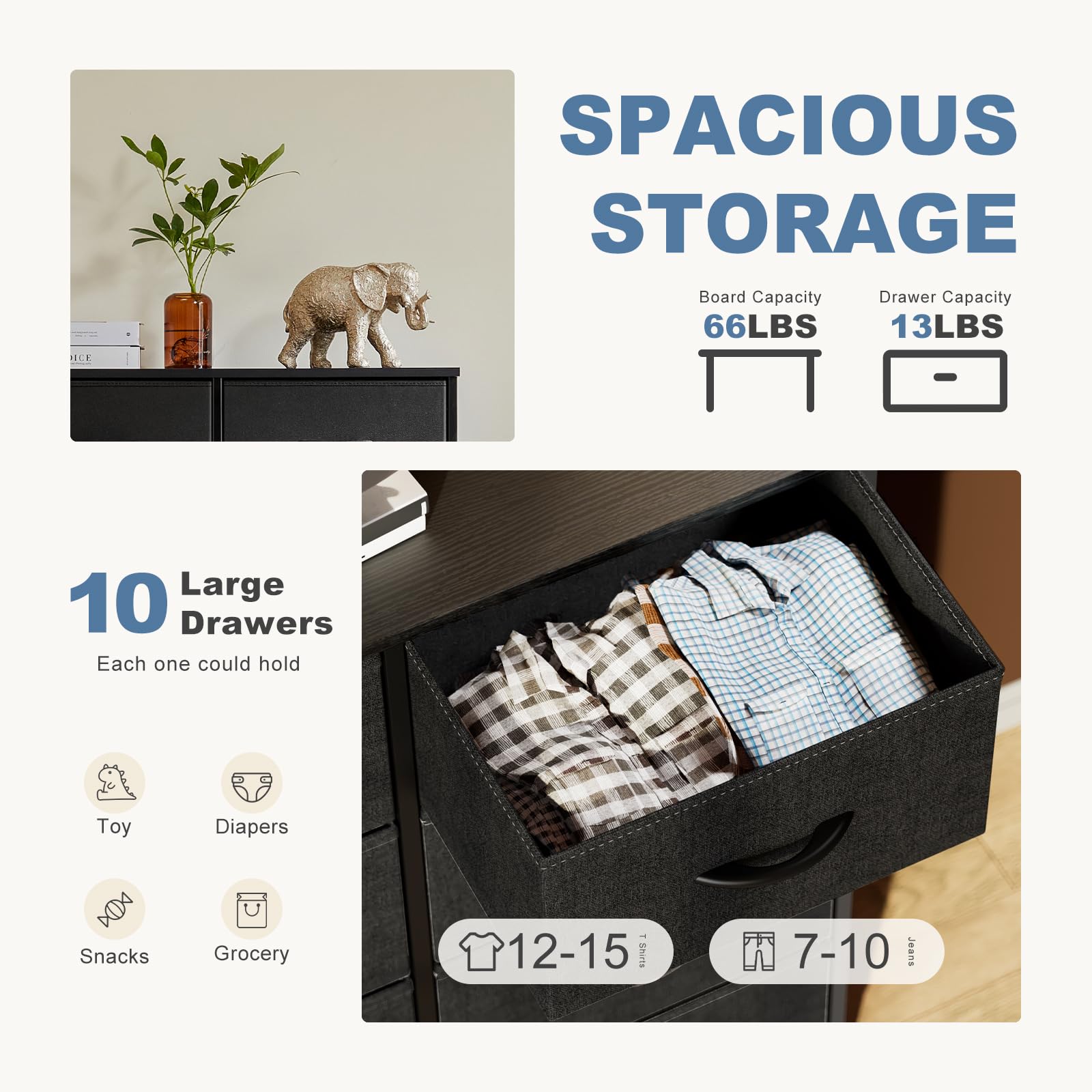 DUMOS dresser metal-frame structure provides durable support for daily use.