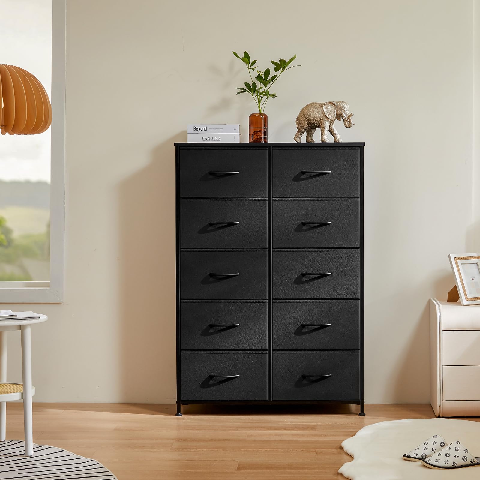 DUMOS dresser ten-drawer storage keeps clothes, accessories, and documents neatly organized.