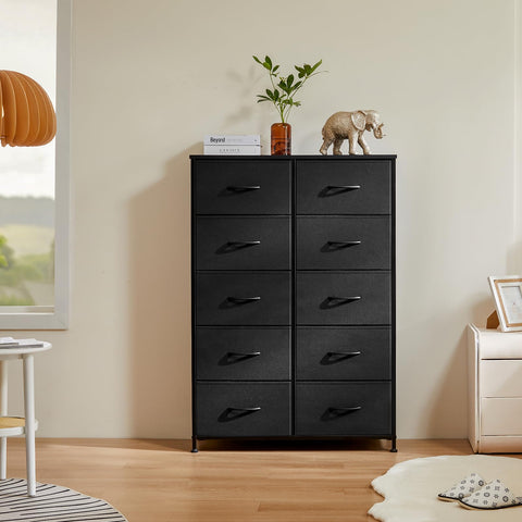 DUMOS dresser ten-drawer storage keeps clothes, accessories, and documents neatly organized.