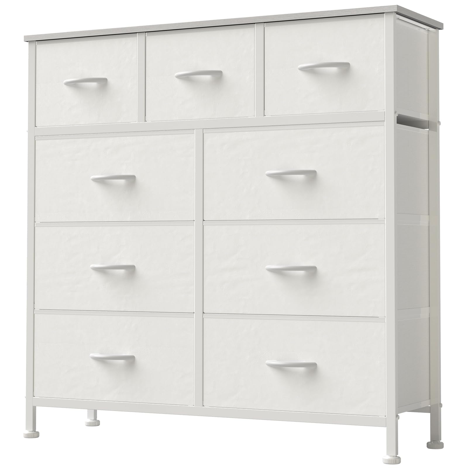 DUMOS dresser with wood top provides sturdy storage surface.