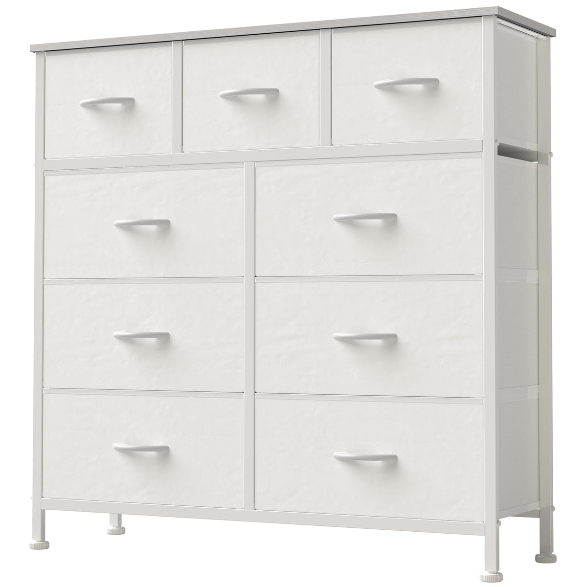 DUMOS dresser with wood top provides sturdy storage surface.