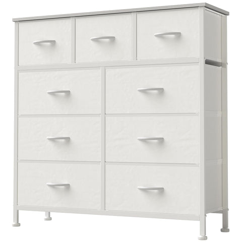 DUMOS dresser with wood top provides sturdy storage surface.