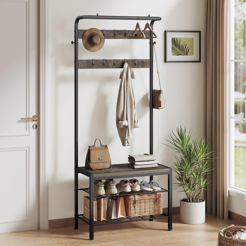 DUMOS entryway organizer with hooks keeps coats and bags neatly accessible.