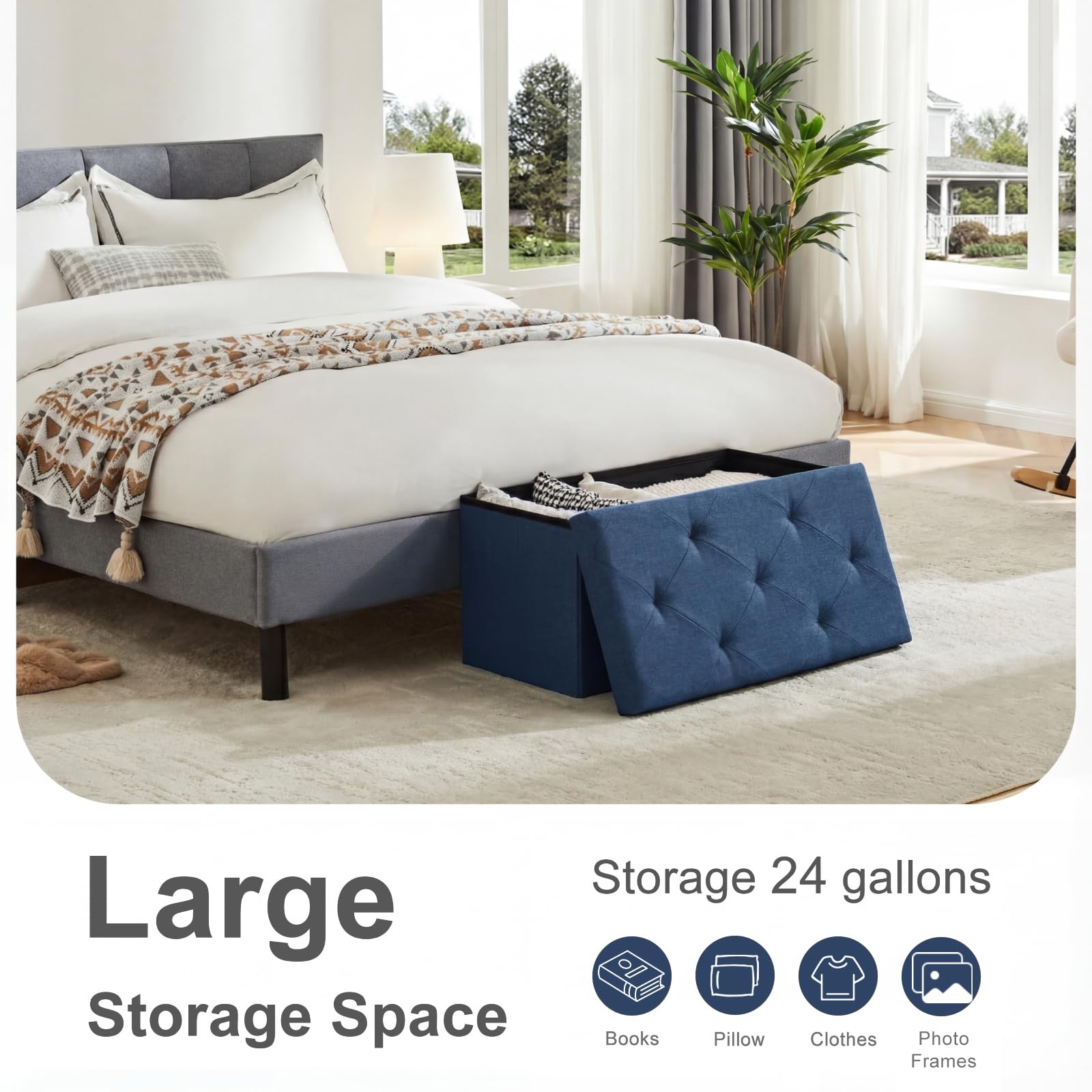 DUMOS entryway storage ottoman in blue for footwear and organization.
