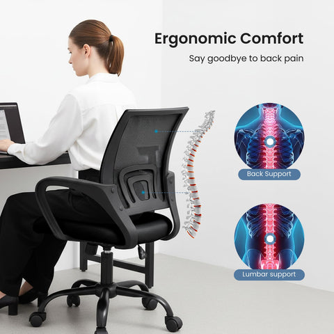 DUMOS ergonomic lumbar support aids posture during extended computer use.