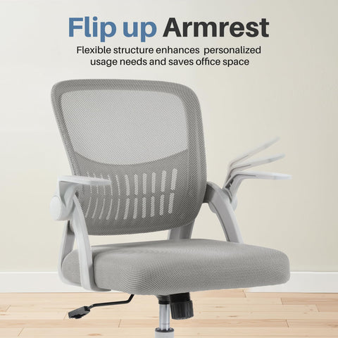 DUMOS flip-up armrests providing stable support while saving desk space.