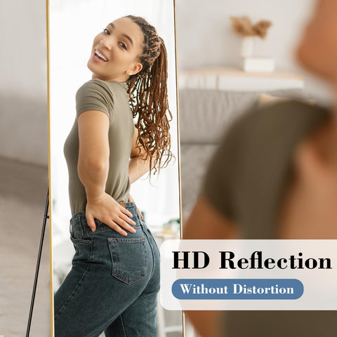 DUMOS floor mirror with nano glass in gold, ideal for full-body viewing.