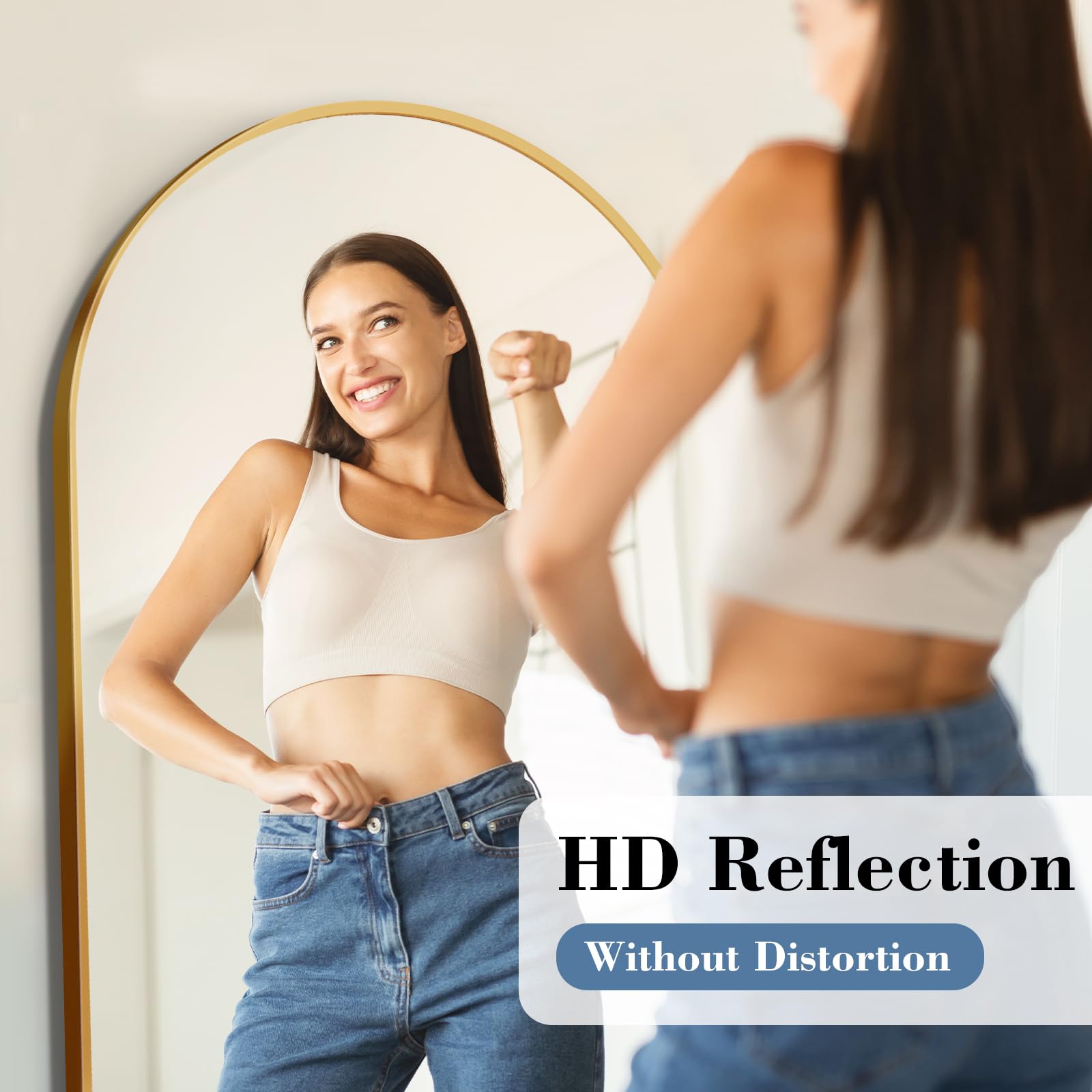 DUMOS floor-standing mirror with aluminum frame in a modern bedroom setup.