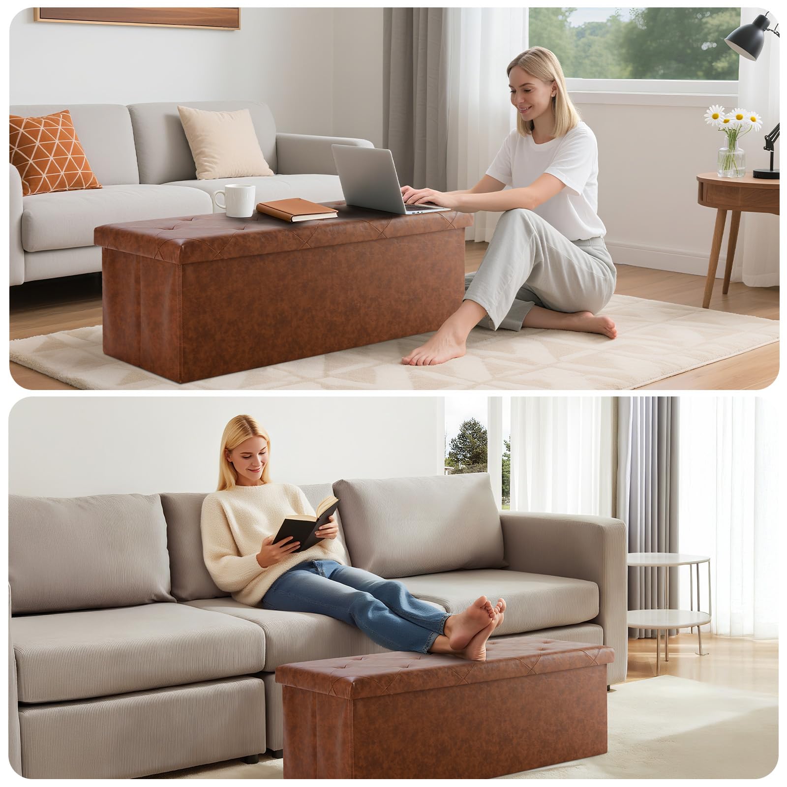 DUMOS storage ottoman open compartment for cosmetics, books, or snacks.