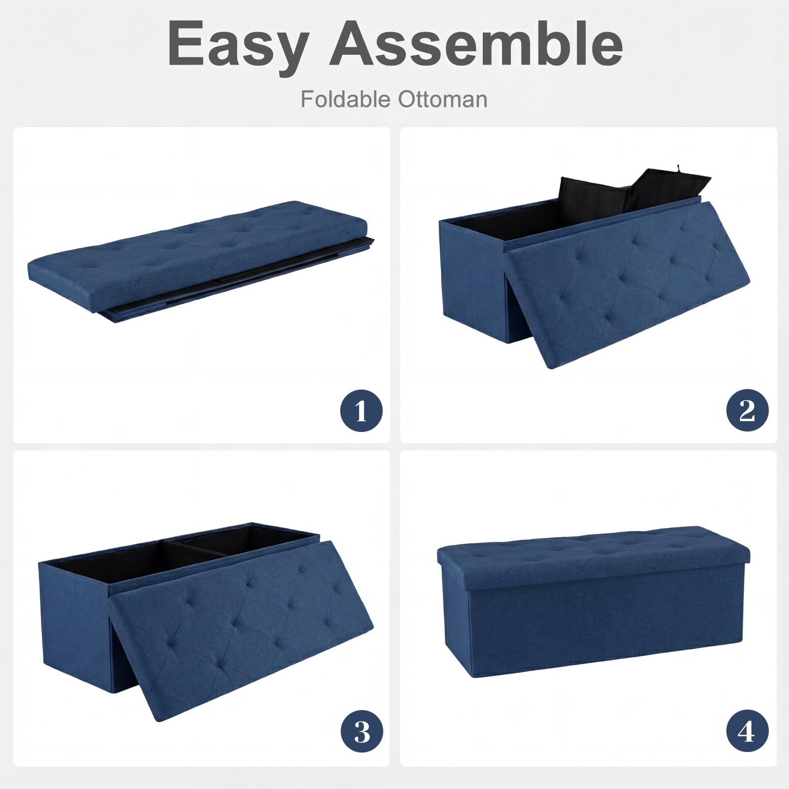 DUMOS blue ottoman close-up of high-density foam cushioning detail.