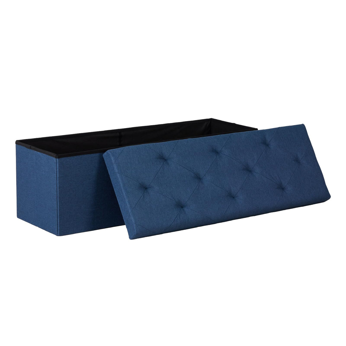 DUMOS foldable storage ottoman blue front view showing spacious interior.