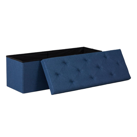 DUMOS foldable storage ottoman blue front view showing spacious interior.