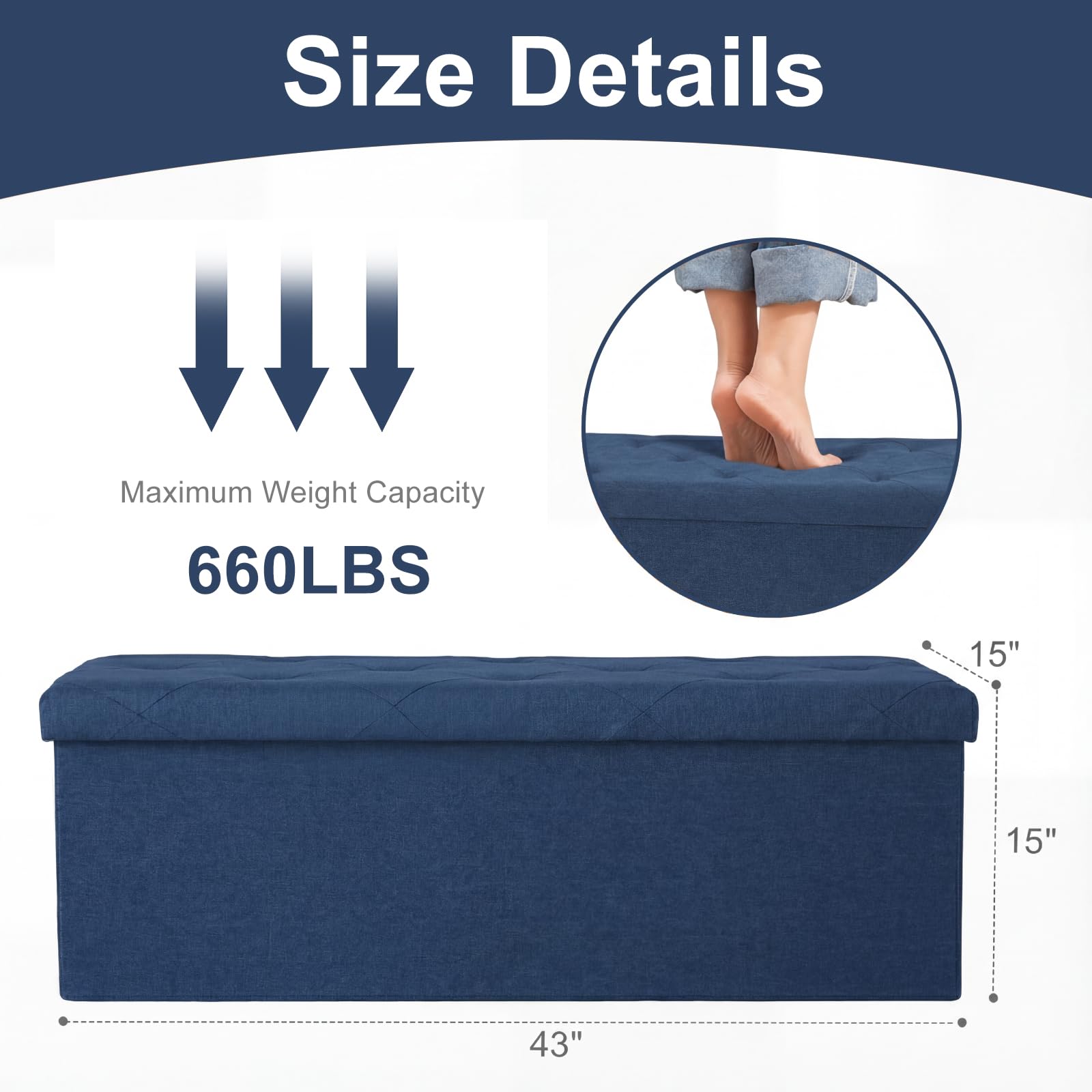 DUMOS blue ottoman opened to reveal 35 gallons of storage space.