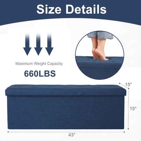 DUMOS blue ottoman opened to reveal 35 gallons of storage space.