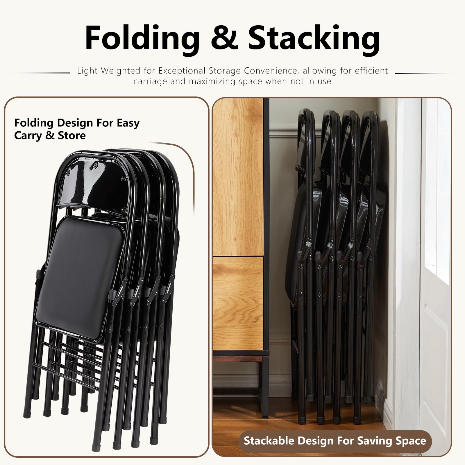 DUMOS folding chair folded for compact storage and portability