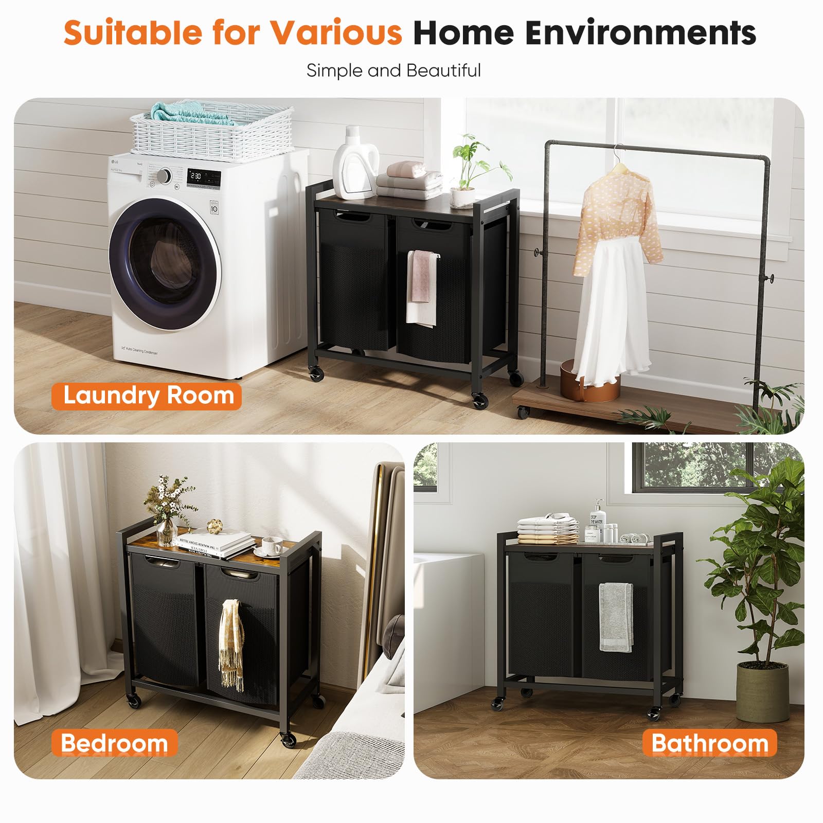 DUMOS free-standing laundry organizer ideal for apartments and small spaces.