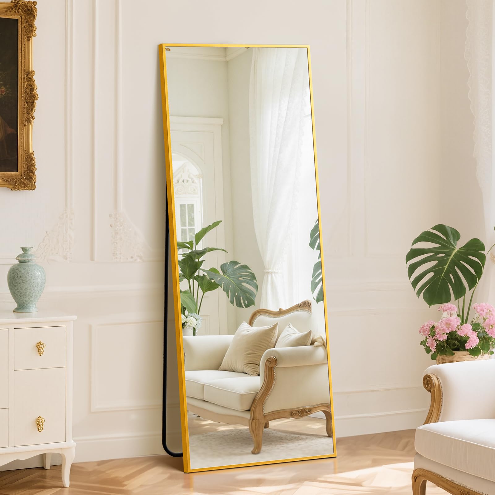 DUMOS full-length mirror with stand in gold, front view, clear head-to-toe reflection.