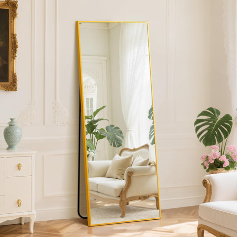 DUMOS full-length mirror with stand in gold, front view, clear head-to-toe reflection.
