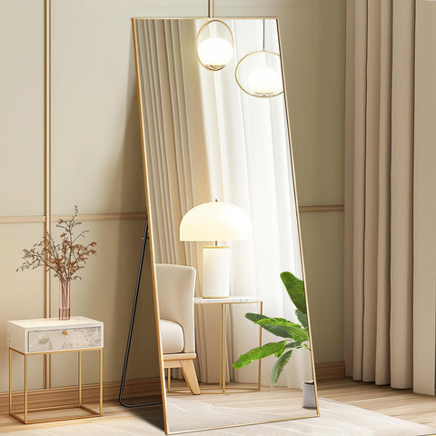 DUMOS full-length mirror with stand in gold for bedroom or living room, reflection clarity.