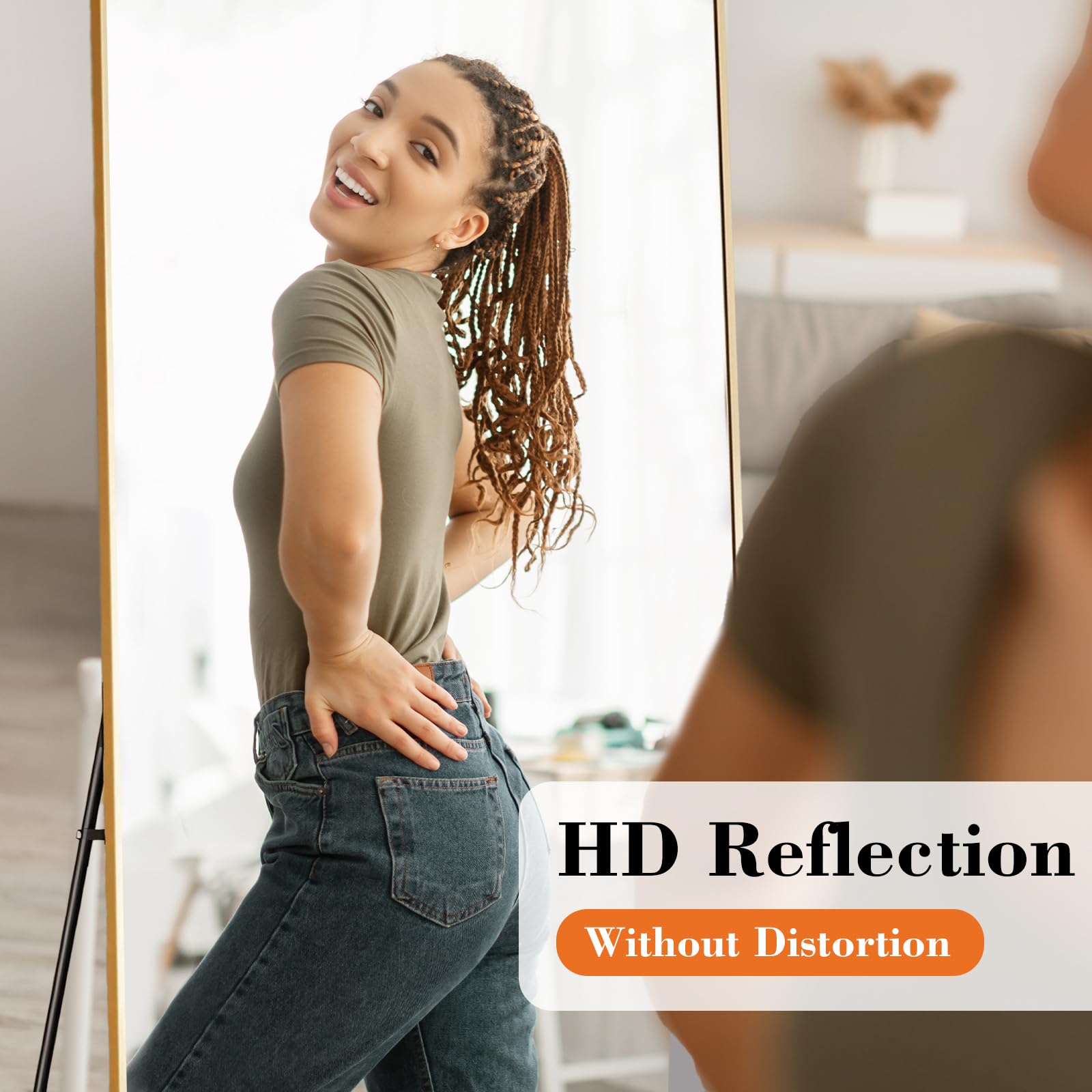 DUMOS full-length mirror with stand, side view, slim profile for small spaces.