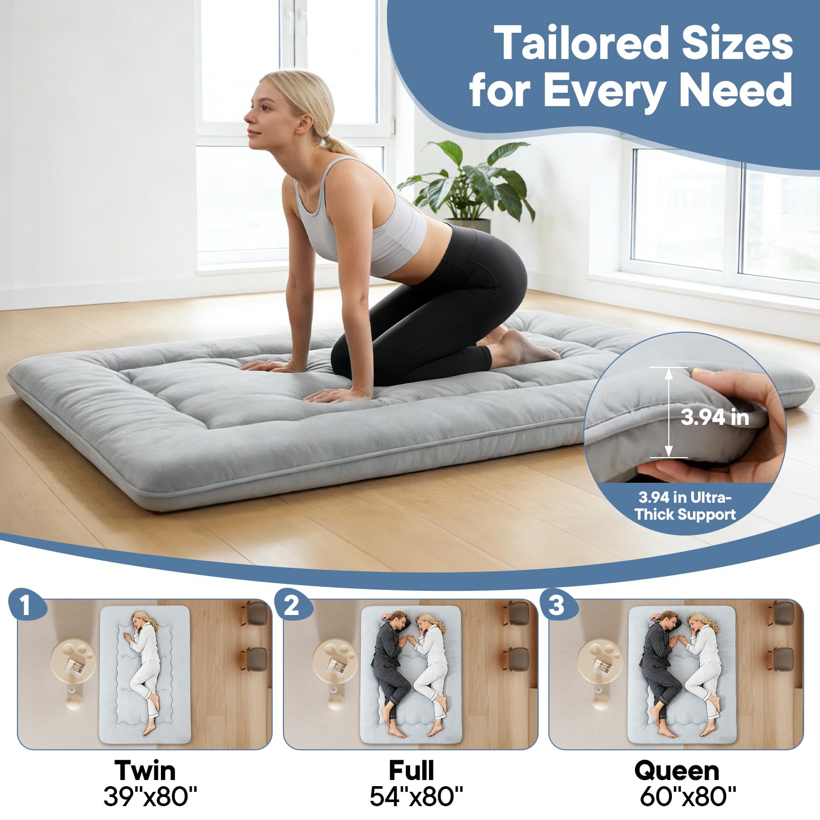 DUMOS futon mattress close-up with diamond stitching for secure fill