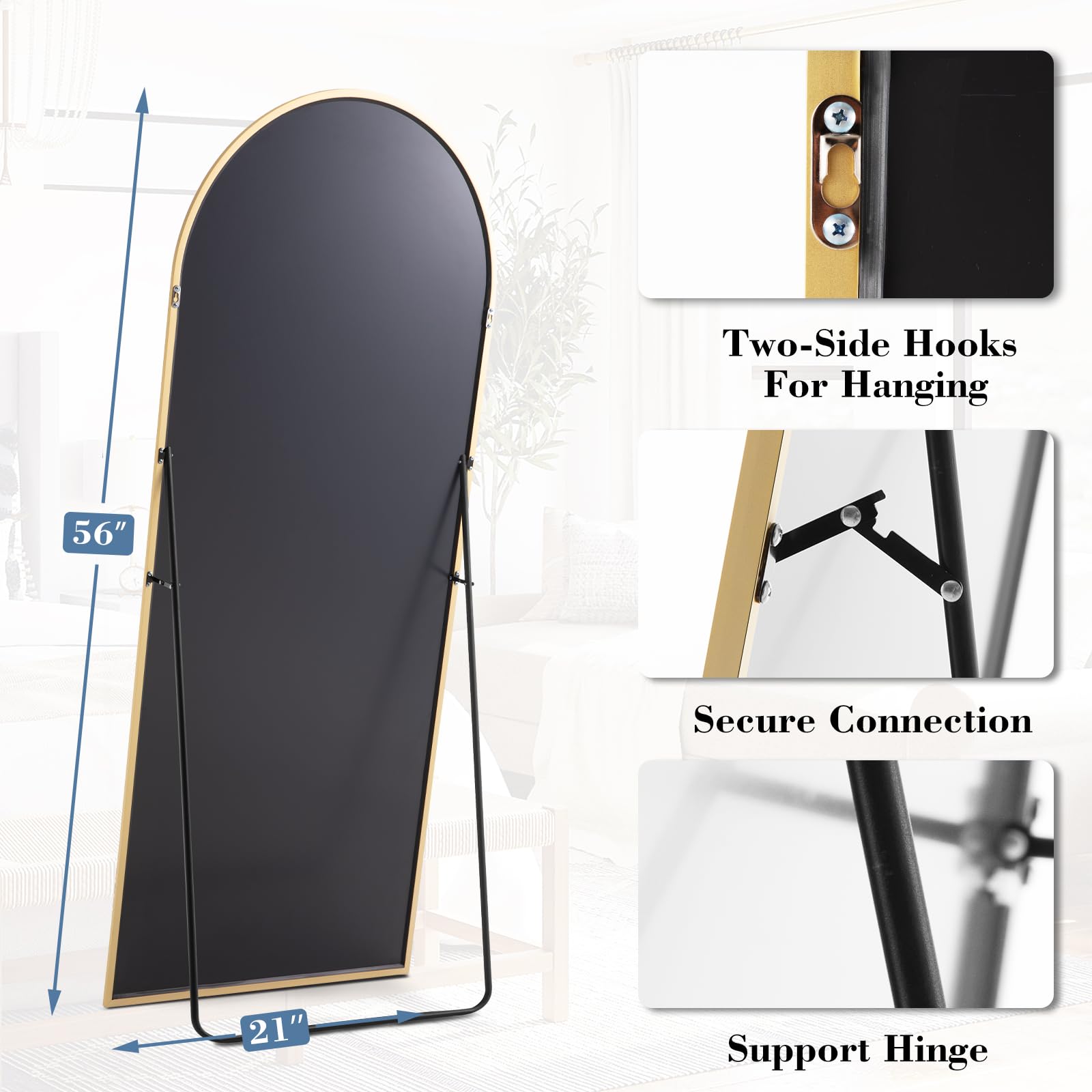 DUMOS gold-finish mirror adds an elegant focal point to a living space.
