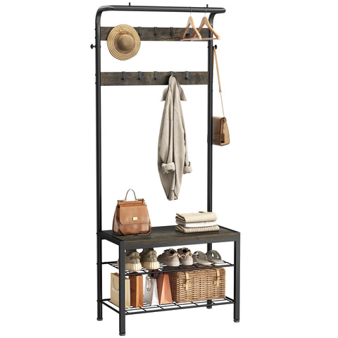 DUMOS hall tree with shoe bench and coat rack shows a sturdy steel frame with ample storage.