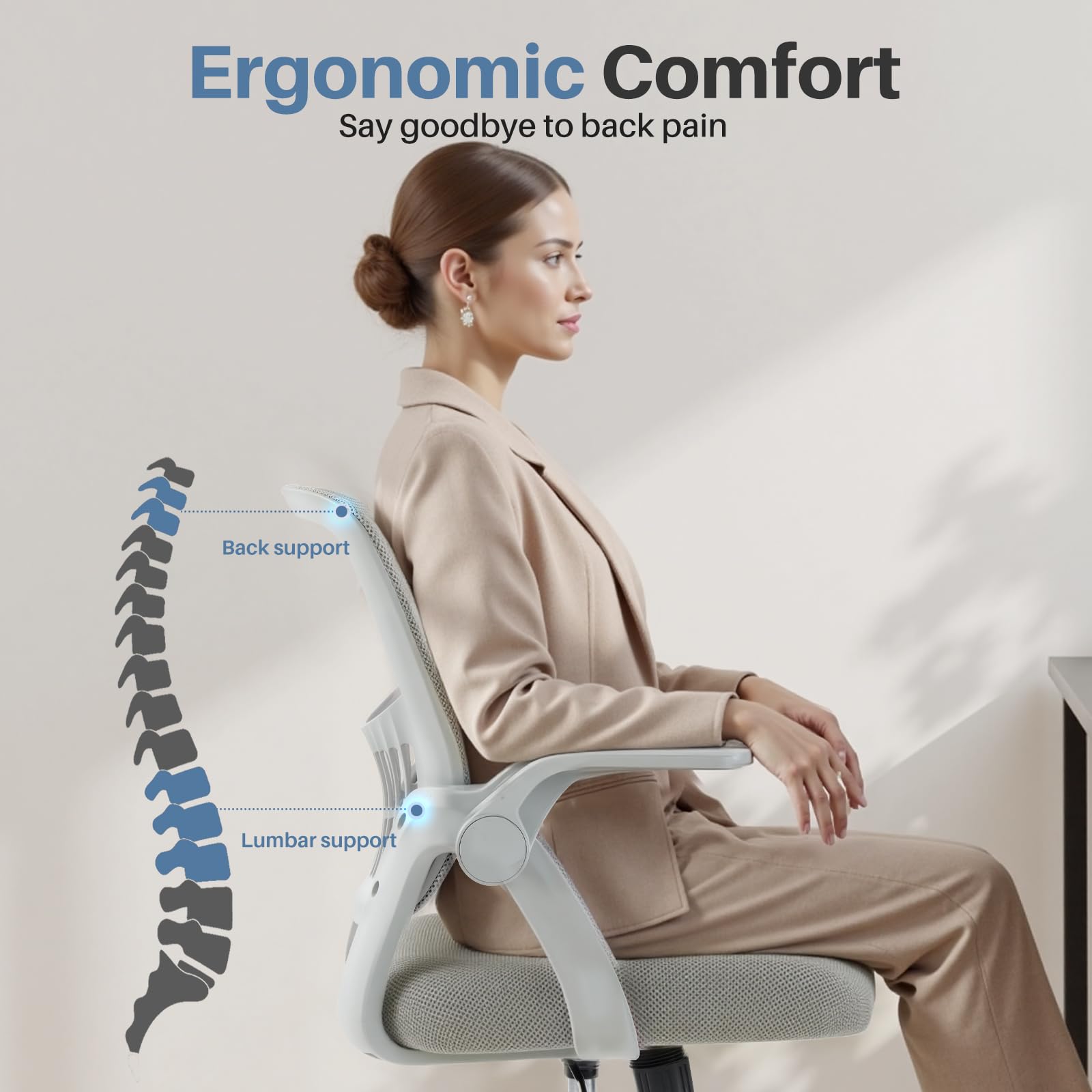 DUMOS height-adjustable chair demonstrating seat height range for personalized seating.