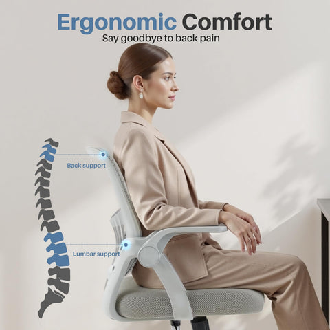 DUMOS height-adjustable chair demonstrating seat height range for personalized seating.