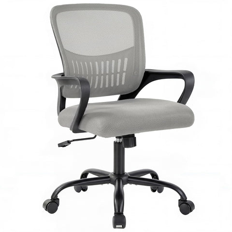 DUMOS home office chair demonstrates ergonomic mid-back mesh design for breathable comfort.