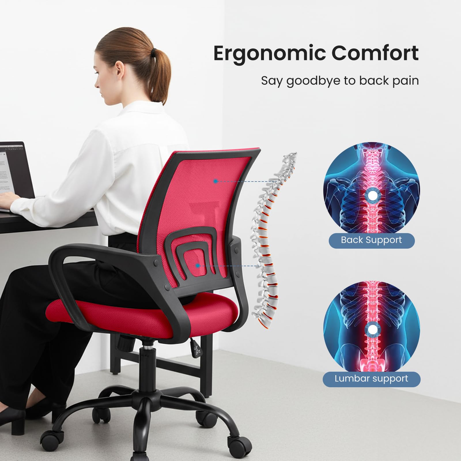 DUMOS chair highlighting lumbar support for improved posture during work.