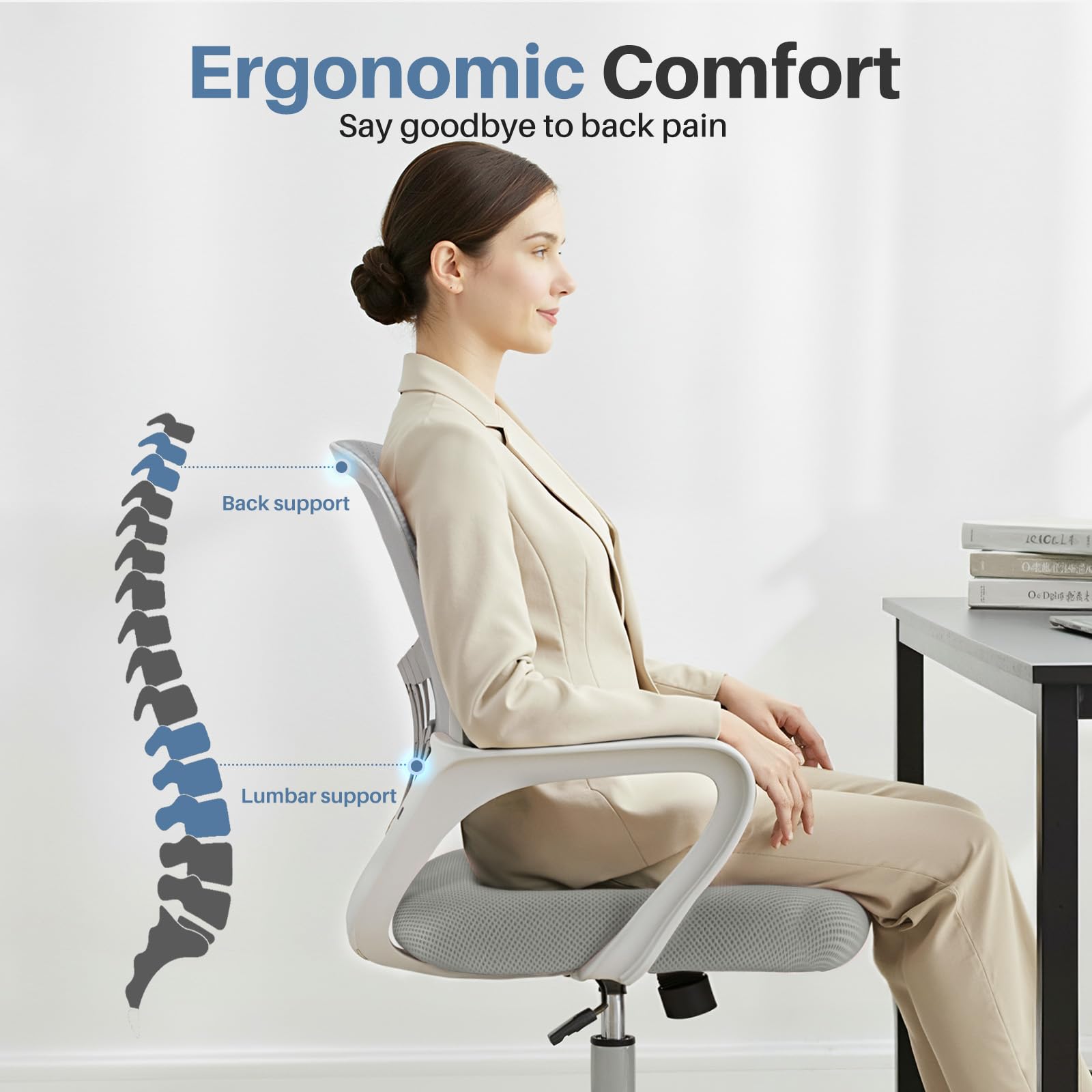 DUMOS chair with lumbar support promotes proper posture during desk tasks