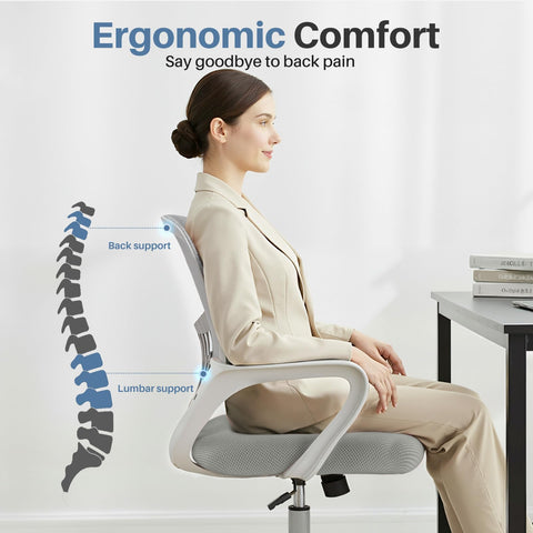 DUMOS chair with lumbar support promotes proper posture during desk tasks