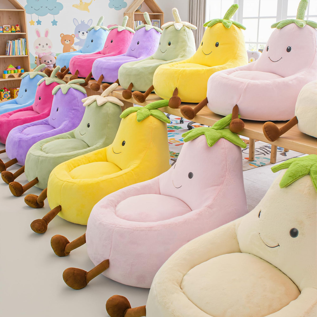 DUMOS Kids bean bag chair with faux rabbit fur cover for cozy reading time.