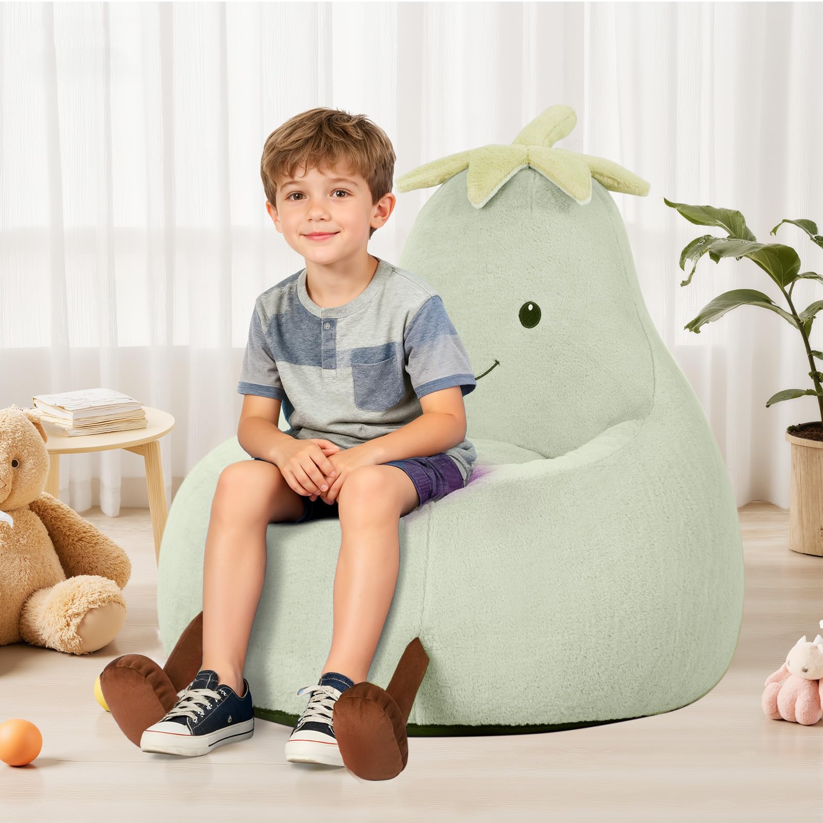 DUMOS kids chair features lightweight eggplant shape for easy portability.